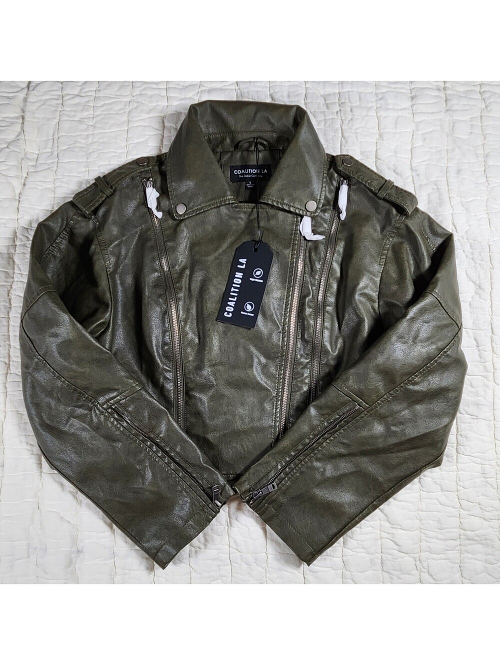 NWT Coalition LA Faux Leather Cropped Moto Jacket Olive Green Women's Size S